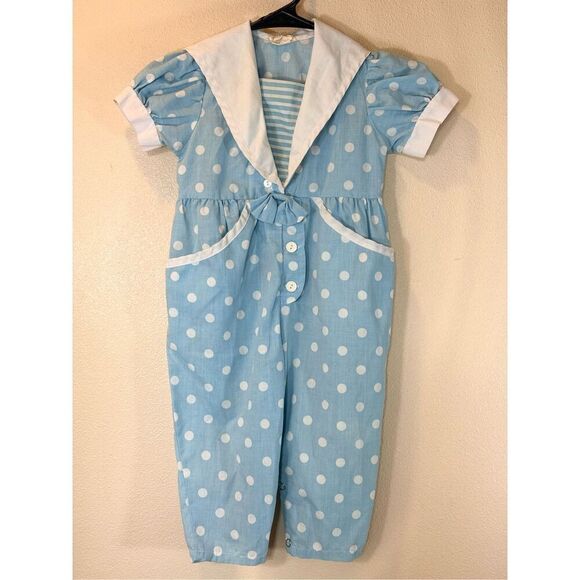 Vintage Broadway Polka Dot Sailor Style Romper One Piece Jumper Baby 24 Months - Picture 1 of 9